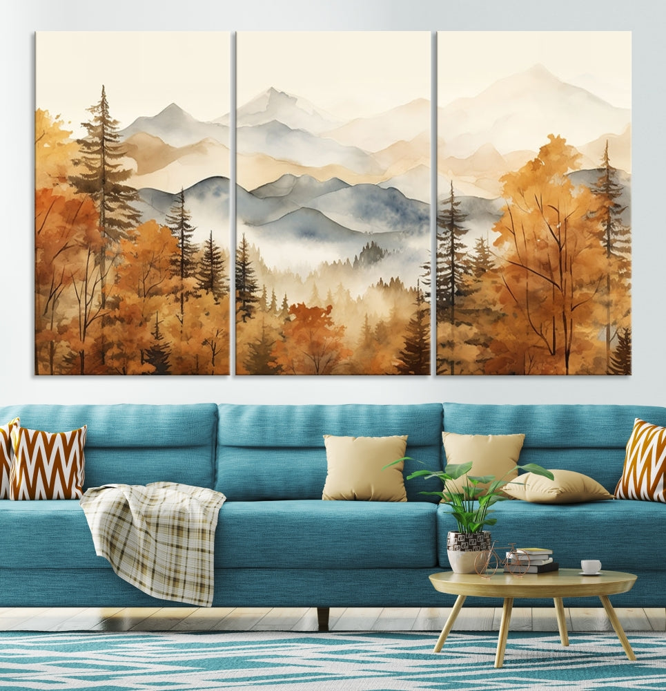 Mountain Forest Painting on Canvas Wall Art Warm Landscape Print Framed Set of