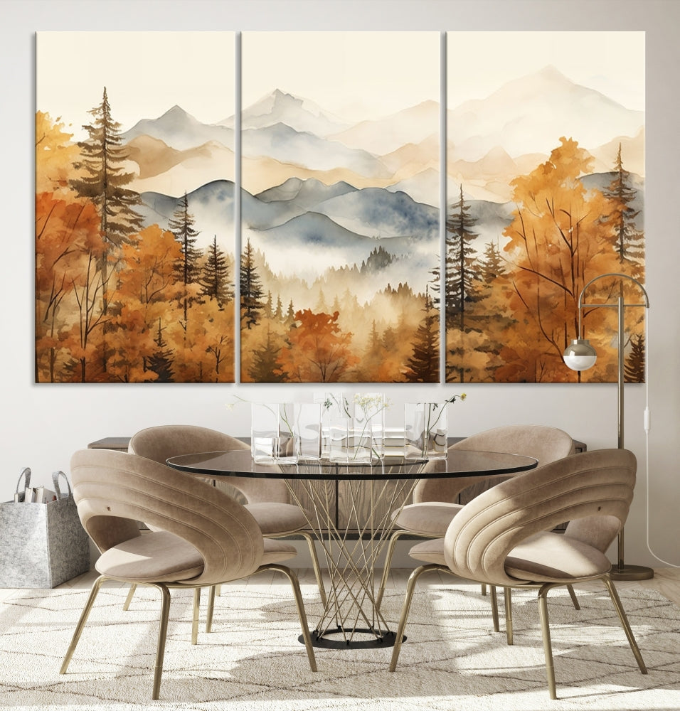 Mountain Forest Painting on Canvas Wall Art Warm Landscape Print Framed Set of