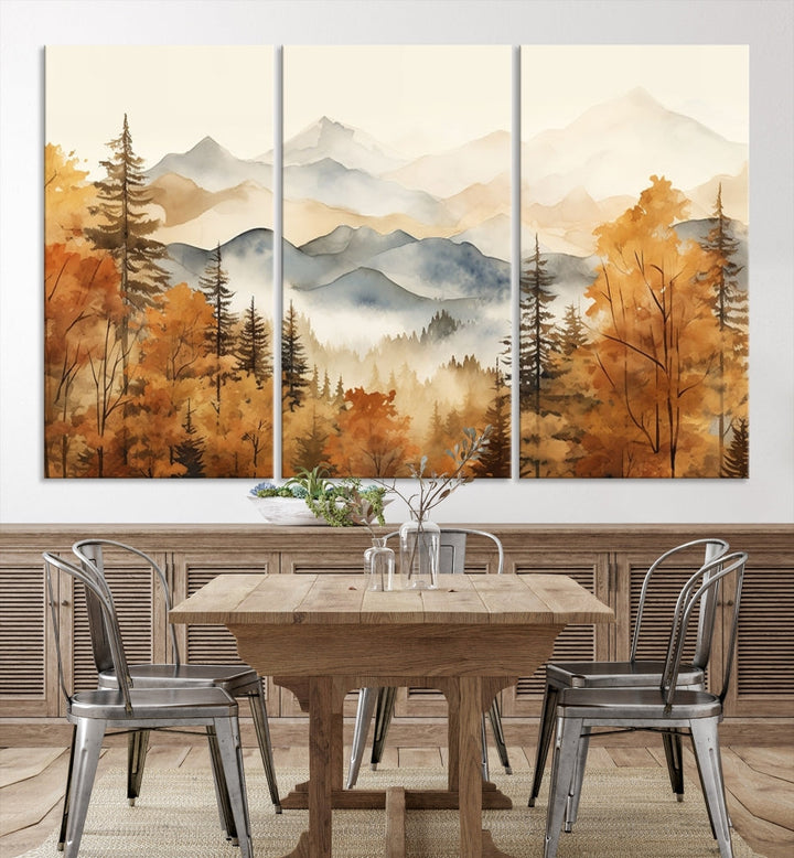 Mountain Forest Painting on Canvas Wall Art Warm Landscape Print Framed Set of