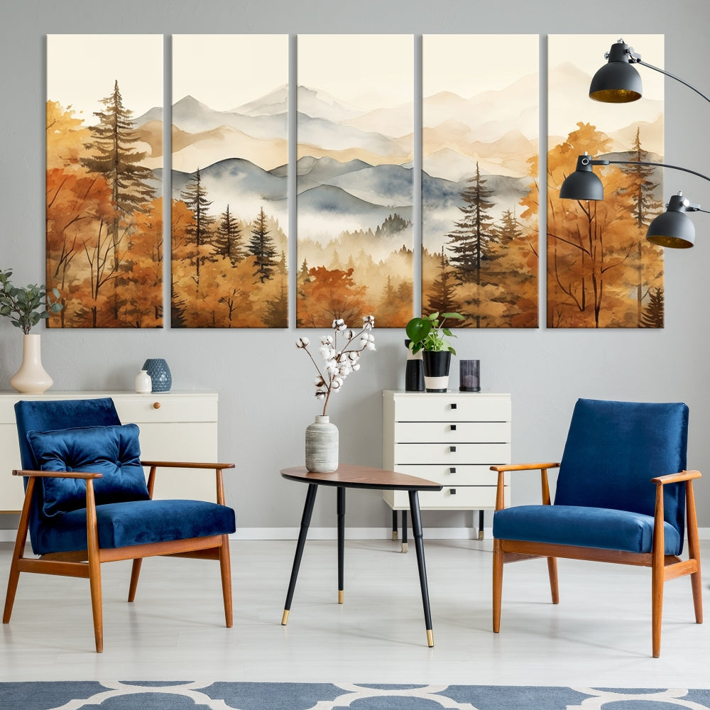 Mountain Forest Painting on Canvas Wall Art Warm Landscape Print Framed Set of