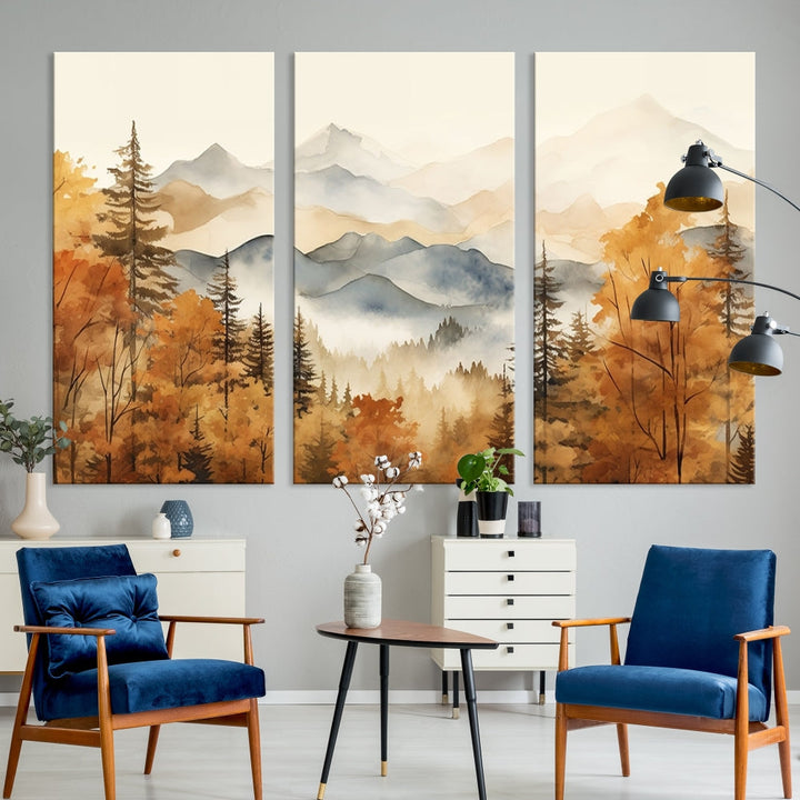 Mountain Forest Painting on Canvas Wall Art Warm Landscape Print Framed Set of