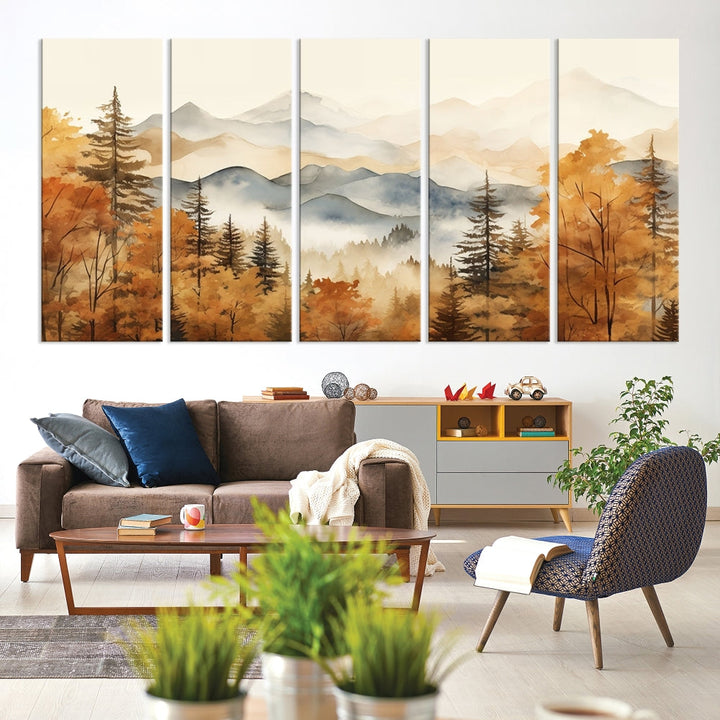 Mountain Forest Painting on Canvas Wall Art Warm Landscape Print Framed Set of