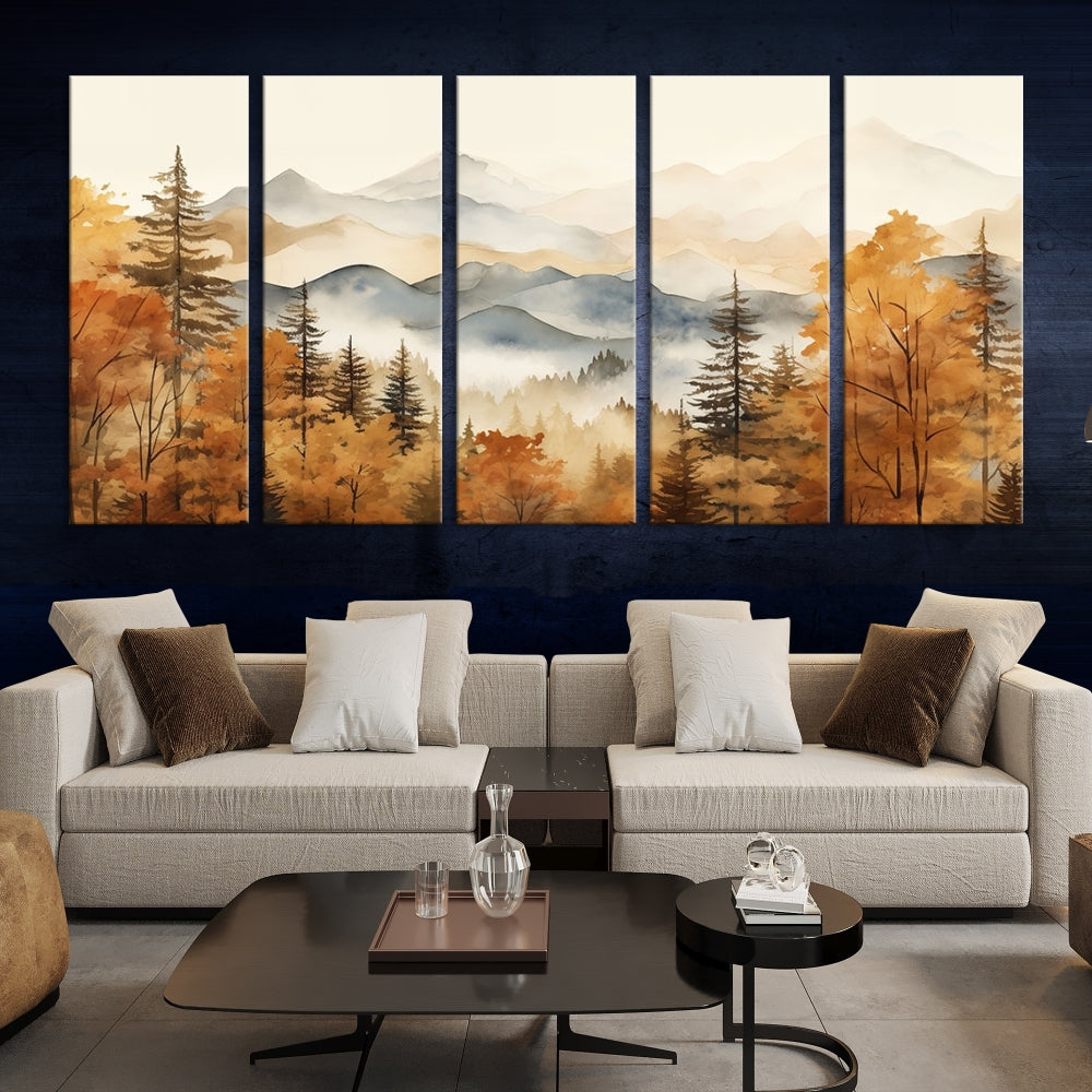 Mountain Forest Painting on Canvas Wall Art Warm Landscape Print Framed Set of