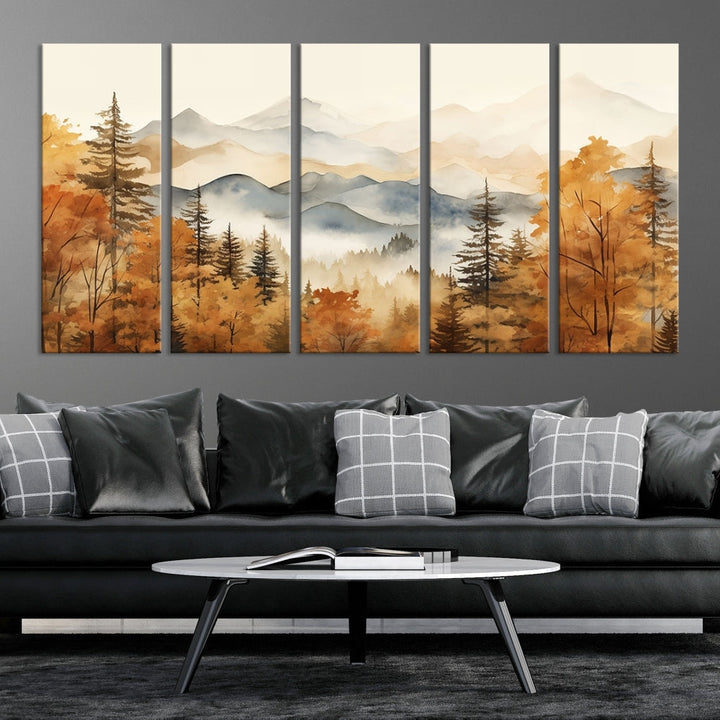 Mountain Forest Painting on Canvas Wall Art Warm Landscape Print Framed Set of