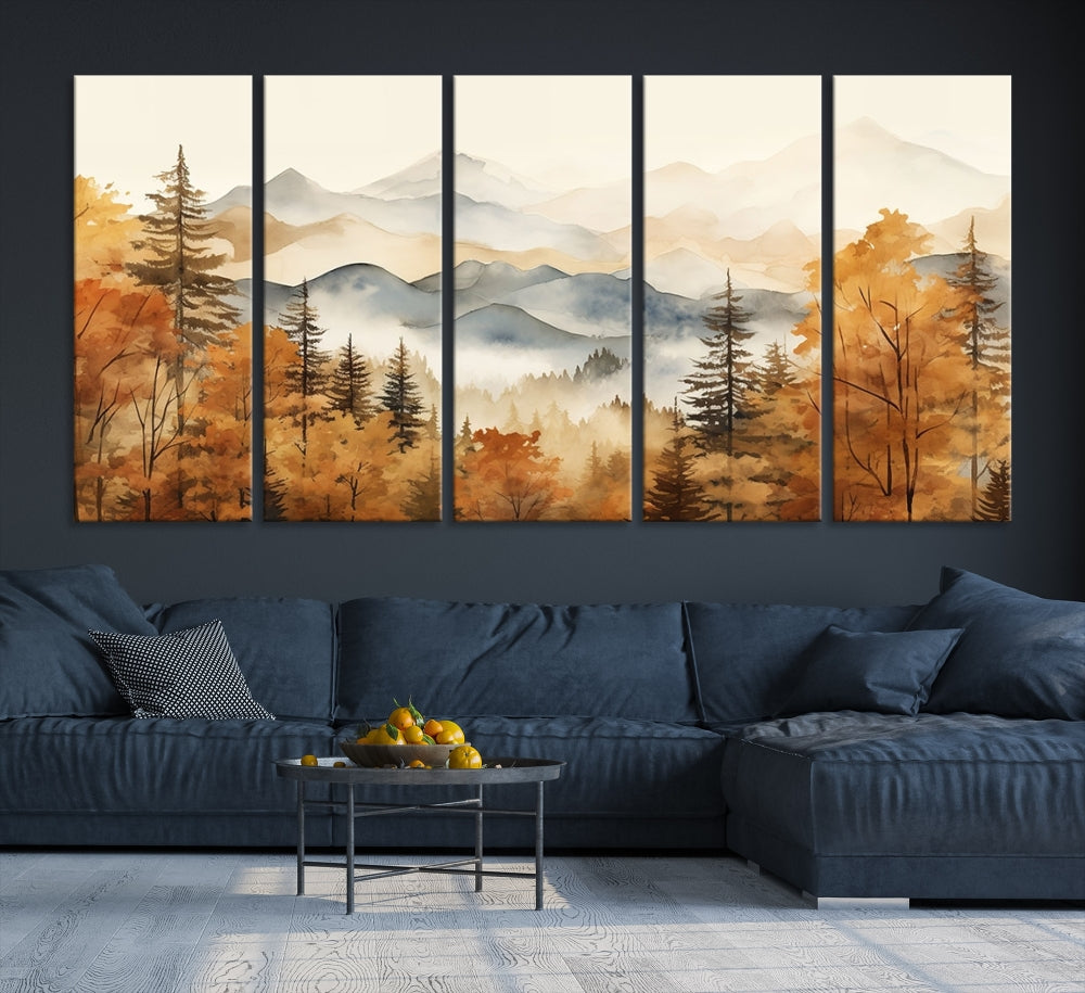 Mountain Forest Painting on Canvas Wall Art Warm Landscape Print Framed Set of