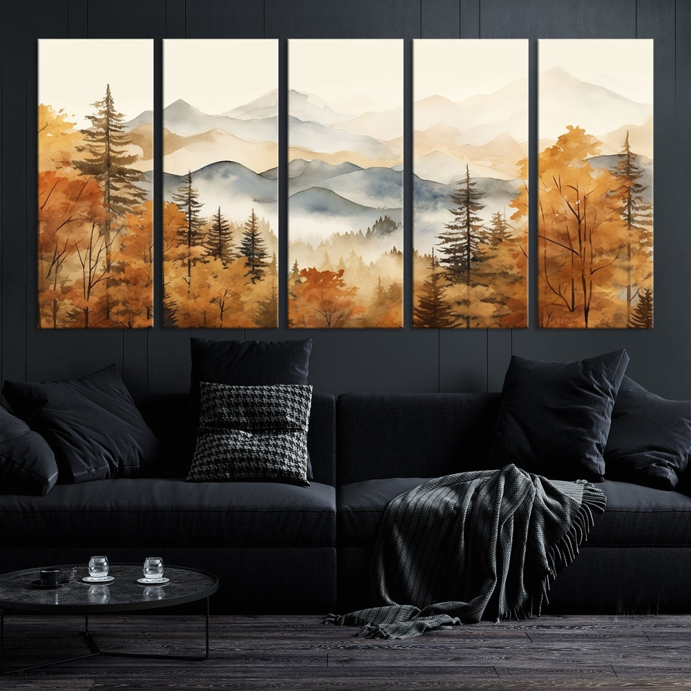 Mountain Forest Painting on Canvas Wall Art Warm Landscape Print Framed Set of