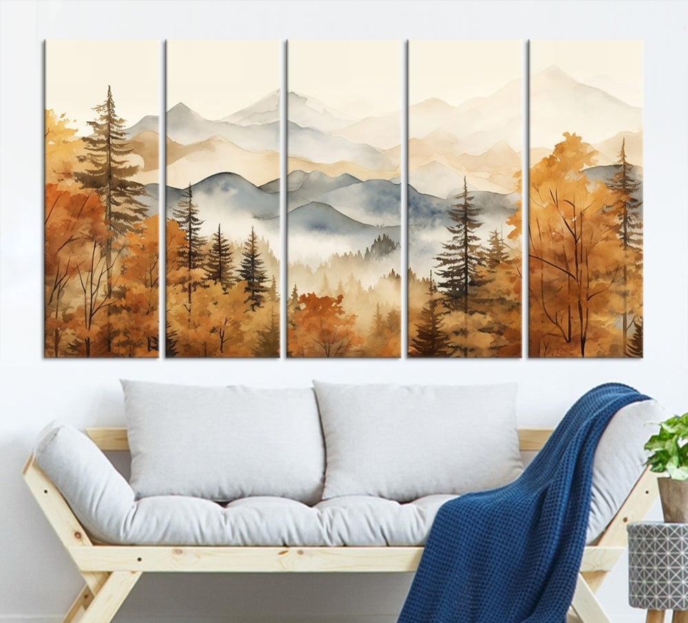 Mountain Forest Painting on Canvas Wall Art Warm Landscape Print Framed Set of