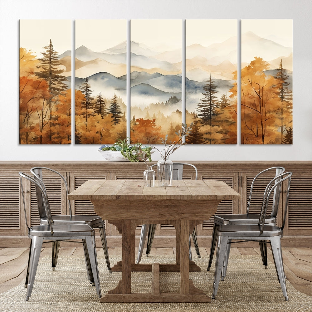 Mountain Forest Painting on Canvas Wall Art Warm Landscape Print Framed Set of