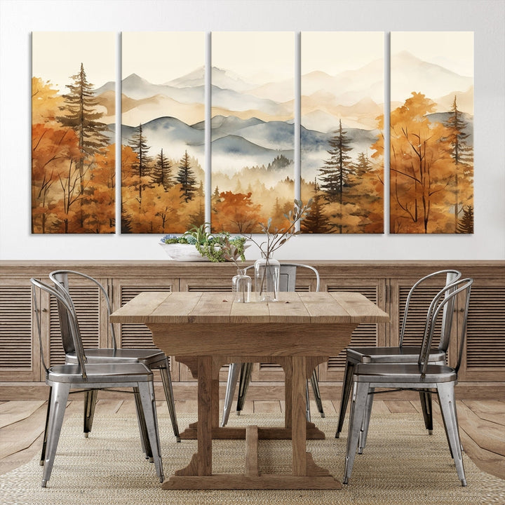 Mountain Forest Painting on Canvas Wall Art Warm Landscape Print Framed Set of