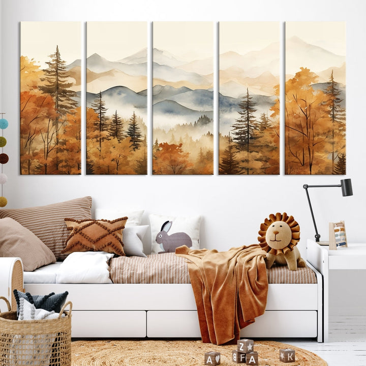 Mountain Forest Painting on Canvas Wall Art Warm Landscape Print Framed Set of