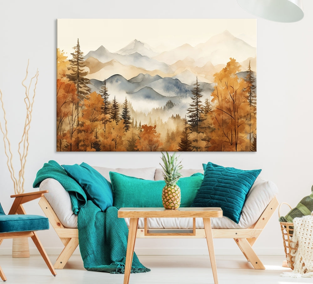 Mountain Forest Painting on Canvas Wall Art Warm Landscape Print Framed Set of