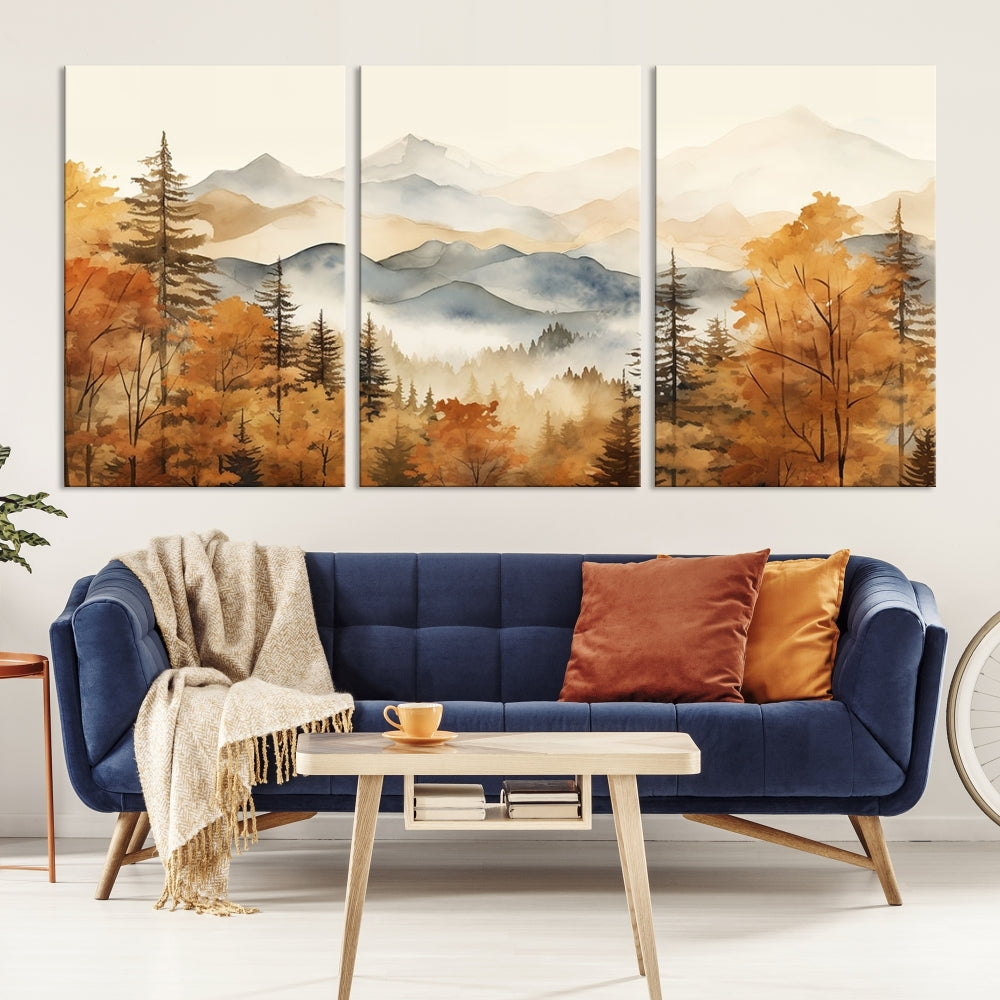 Mountain Forest Painting on Canvas Wall Art Warm Landscape Print Framed Set of