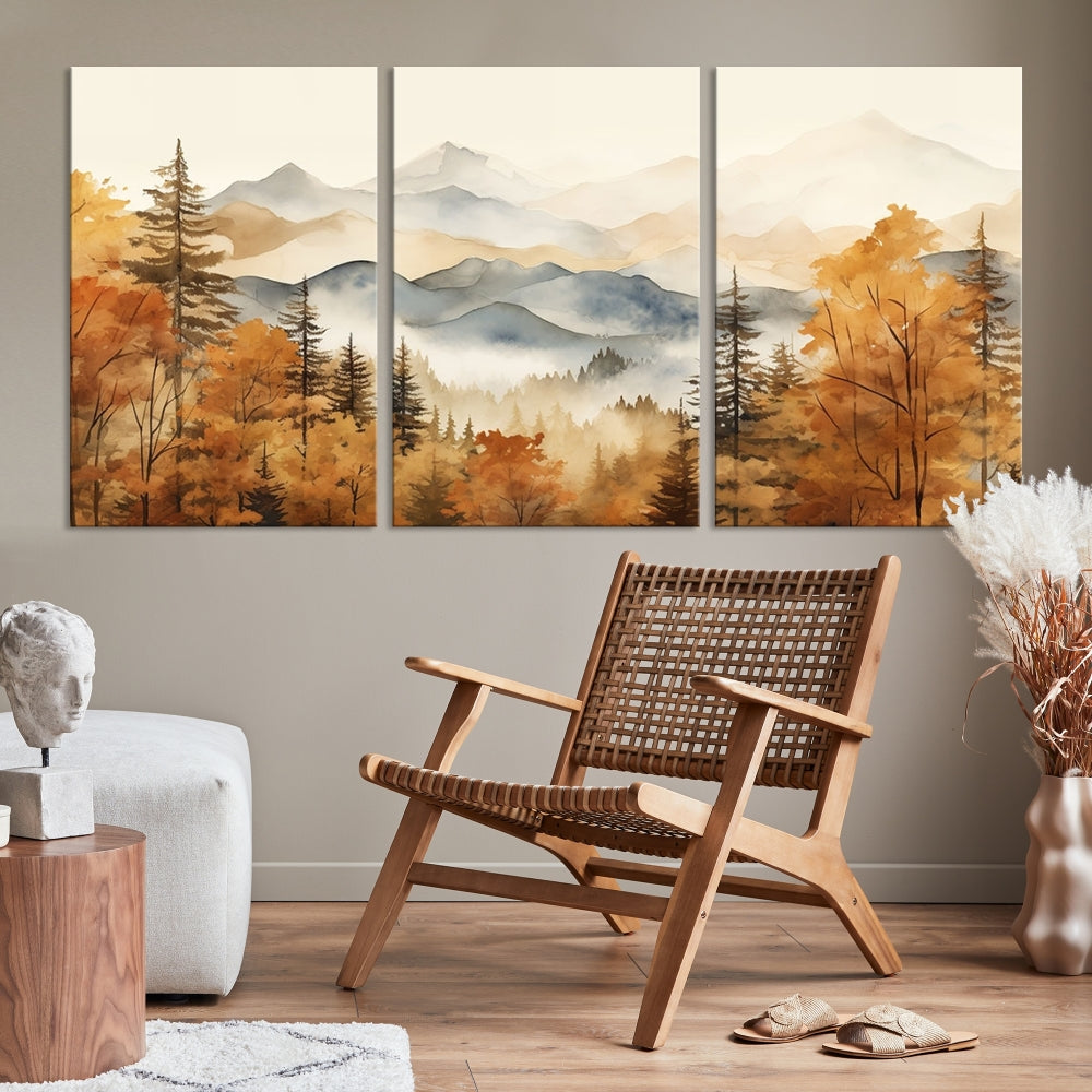 Mountain Forest Painting on Canvas Wall Art Warm Landscape Print Framed Set of