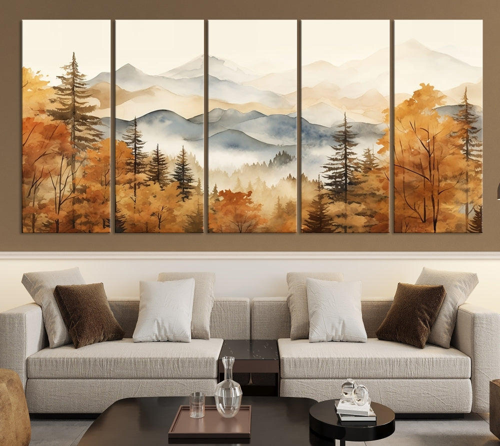 Mountain Forest Painting on Canvas Wall Art Warm Landscape Print Framed Set of