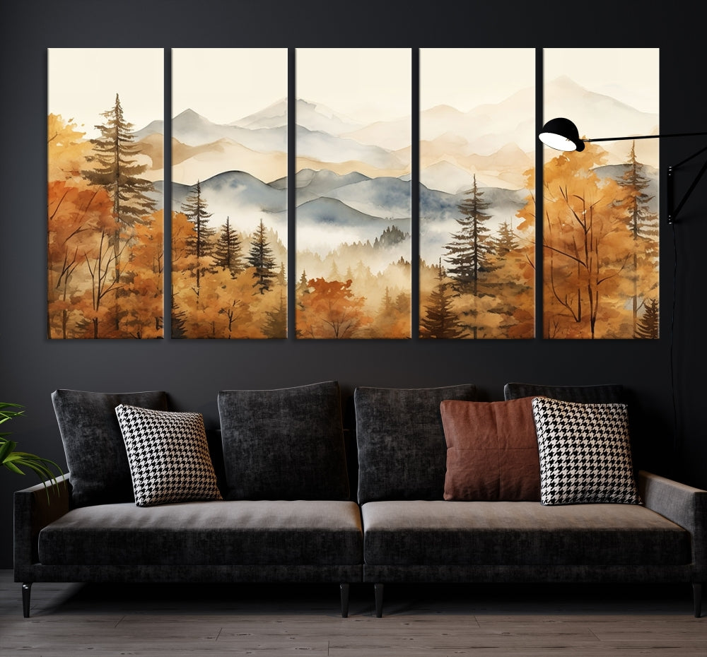 Mountain Forest Painting on Canvas Wall Art Warm Landscape Print Framed Set of