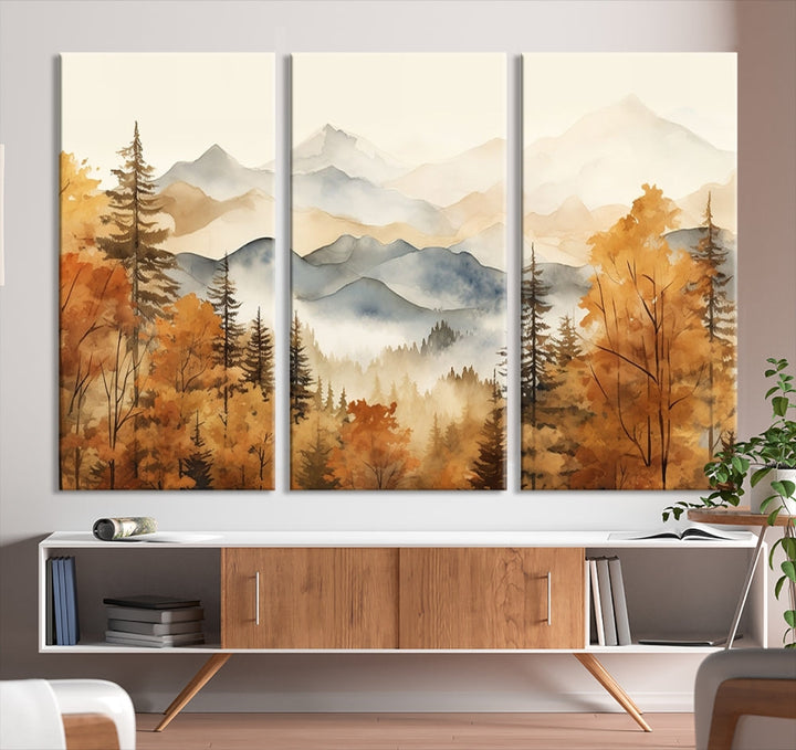 Mountain Forest Painting on Canvas Wall Art Warm Landscape Print Framed Set of