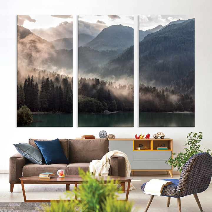 Mountain Lake Forest Canvas Wall Art - Serene Misty Landscape with Mountains and Trees, Perfect for Living Room or Bedroom, Ready to Hang 3 Panel Art