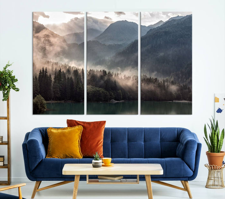 Mountain Lake Forest Canvas Wall Art - Serene Misty Landscape with Mountains and Trees, Perfect for Living Room or Bedroom, Ready to Hang 3 Panel Art