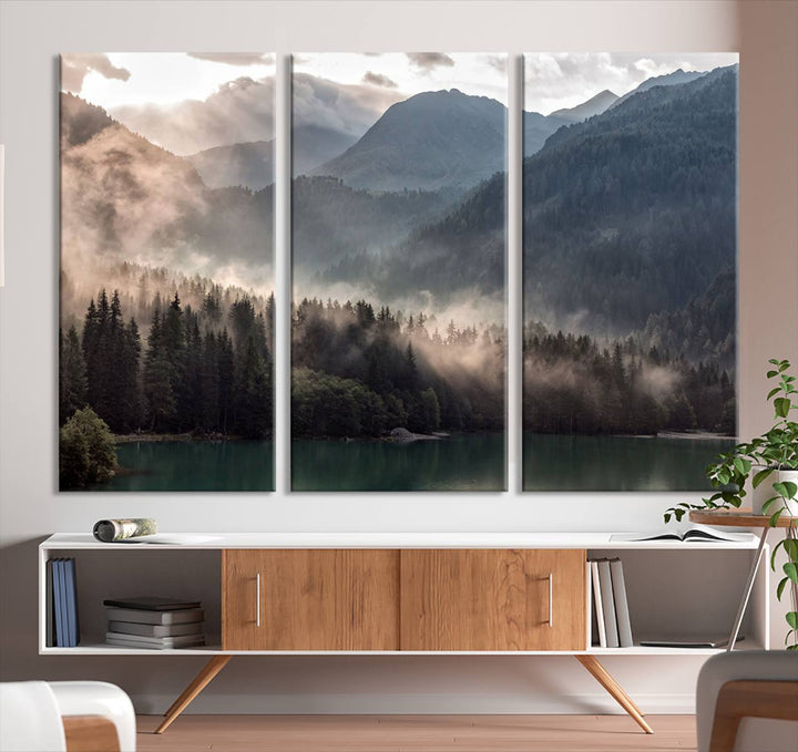 Mountain Lake Forest Canvas Wall Art - Serene Misty Landscape with Mountains and Trees, Perfect for Living Room or Bedroom, Ready to Hang 3 Panel Art