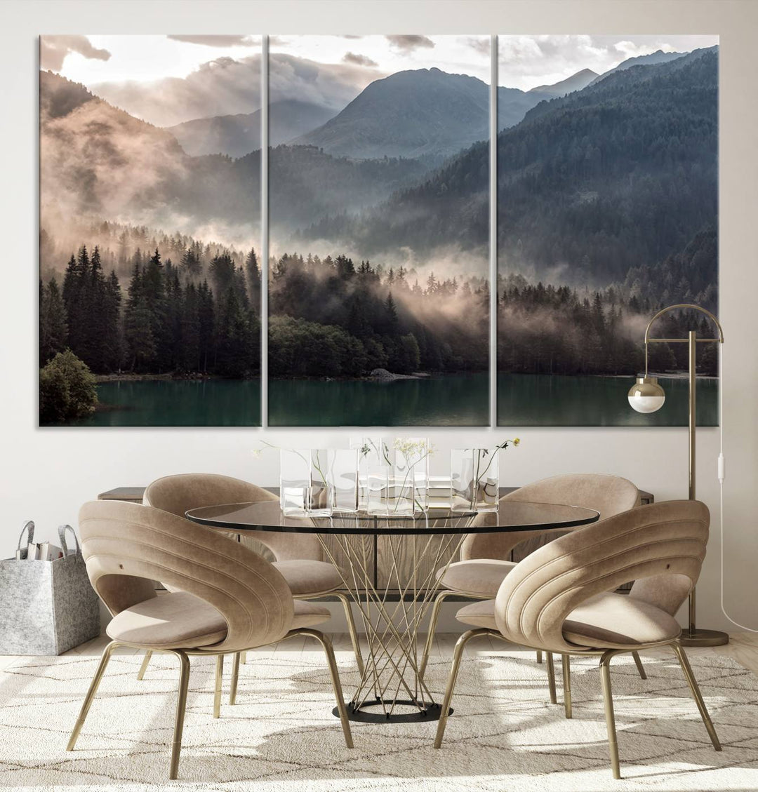 Mountain Lake Forest Canvas Wall Art - Serene Misty Landscape with Mountains and Trees, Perfect for Living Room or Bedroom, Ready to Hang 3 Panel Art