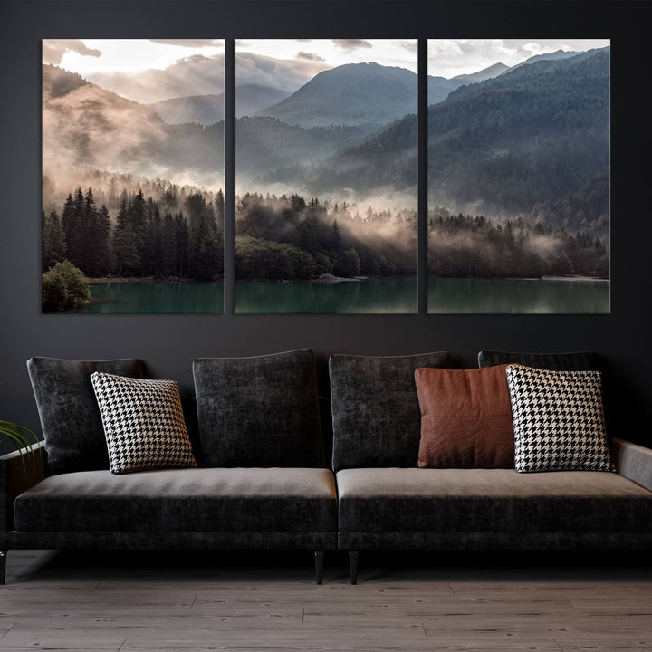 Mountain Lake Forest Canvas Wall Art - Serene Misty Landscape with Mountains and Trees, Perfect for Living Room or Bedroom, Ready to Hang 3 Panel Art