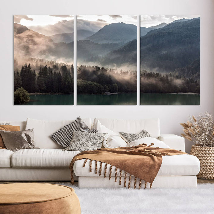 Mountain Lake Forest Canvas Wall Art - Serene Misty Landscape with Mountains and Trees, Perfect for Living Room or Bedroom, Ready to Hang 3 Panel Art