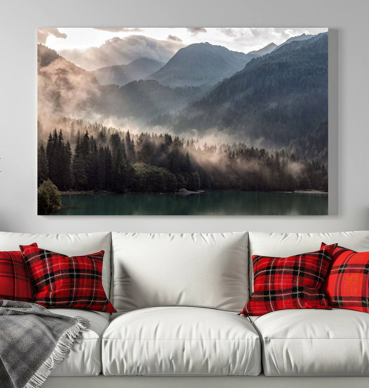 Mountain Lake Forest Canvas Wall Art - Serene Misty Landscape with Mountains and Trees, Perfect for Living Room or Bedroom, Ready to Hang 3 Panel Art