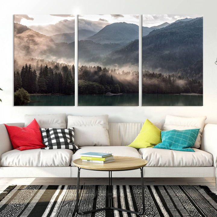 Mountain Lake Forest Canvas Wall Art - Serene Misty Landscape with Mountains and Trees, Perfect for Living Room or Bedroom, Ready to Hang 3 Panel Art