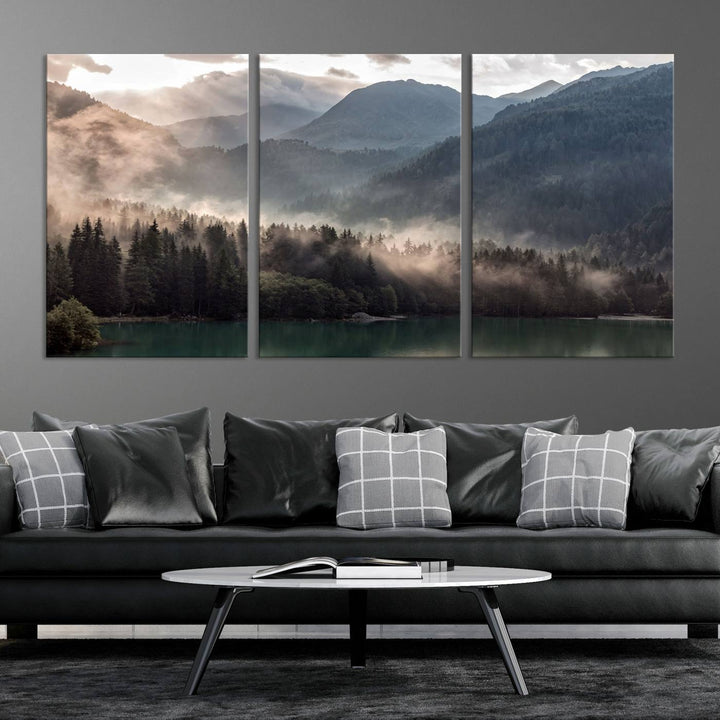 Mountain Lake Forest Canvas Wall Art - Serene Misty Landscape with Mountains and Trees, Perfect for Living Room or Bedroom, Ready to Hang 3 Panel Art