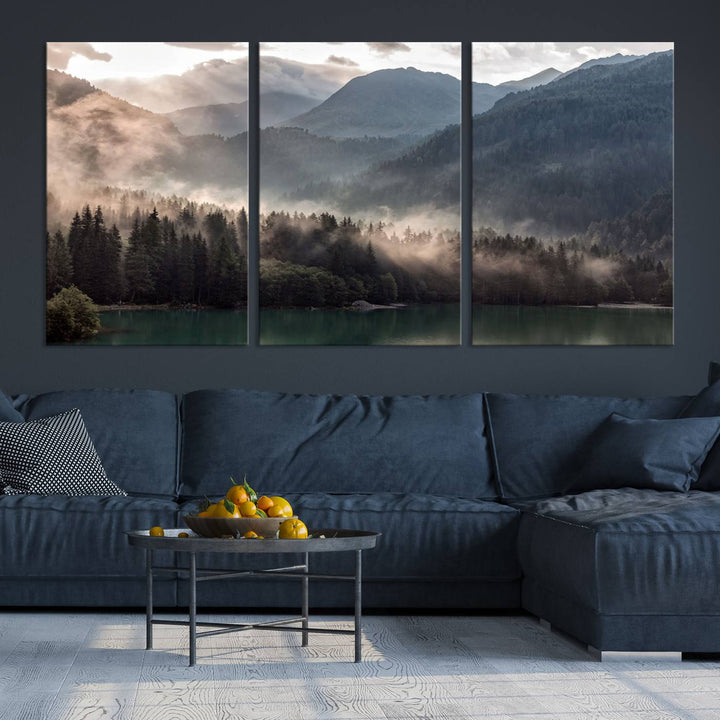 Mountain Lake Forest Canvas Wall Art - Serene Misty Landscape with Mountains and Trees, Perfect for Living Room or Bedroom, Ready to Hang 3 Panel Art