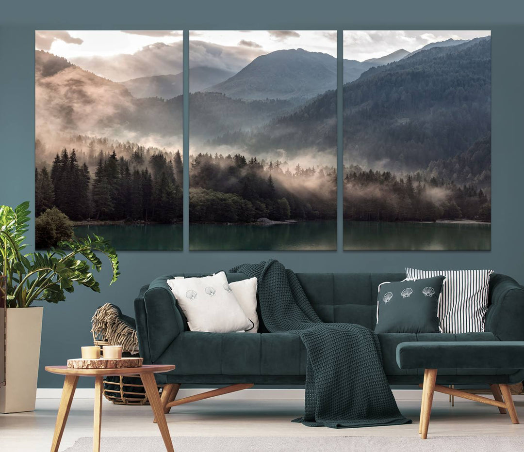 Mountain Lake Forest Canvas Wall Art - Serene Misty Landscape with Mountains and Trees, Perfect for Living Room or Bedroom, Ready to Hang 3 Panel Art