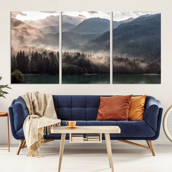 Mountain Lake Forest Canvas Wall Art - Serene Misty Landscape with Mountains and Trees, Perfect for Living Room or Bedroom, Ready to Hang 3 Panel Art