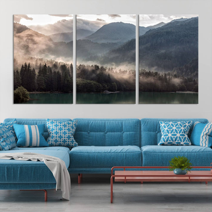 Mountain Lake Forest Canvas Wall Art - Serene Misty Landscape with Mountains and Trees, Perfect for Living Room or Bedroom, Ready to Hang 3 Panel Art