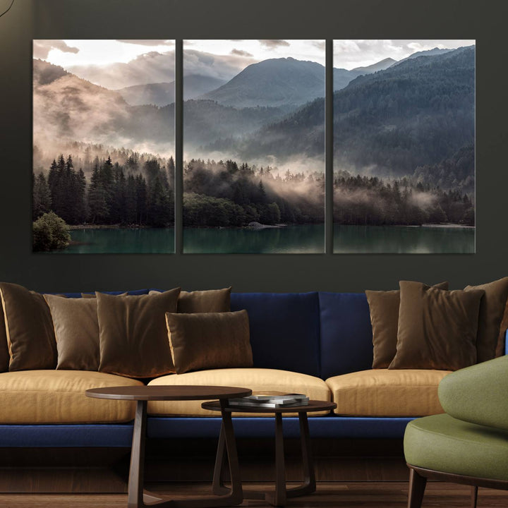 Mountain Lake Forest Canvas Wall Art - Serene Misty Landscape with Mountains and Trees, Perfect for Living Room or Bedroom, Ready to Hang 3 Panel Art