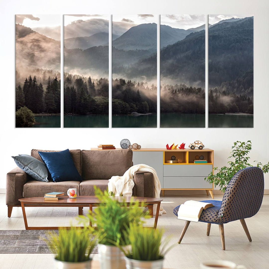 Mountain Lake Forest Canvas Wall Art - Serene Misty Landscape with Mountains and Trees, Perfect for Living Room or Bedroom, Ready to Hang 3 Panel Art