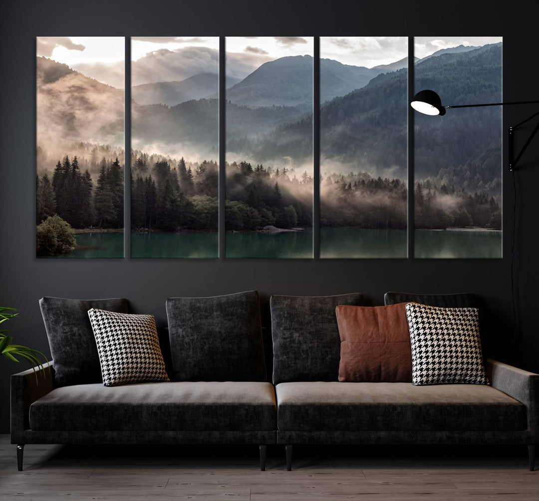 Mountain Lake Forest Canvas Wall Art - Serene Misty Landscape with Mountains and Trees, Perfect for Living Room or Bedroom, Ready to Hang 3 Panel Art