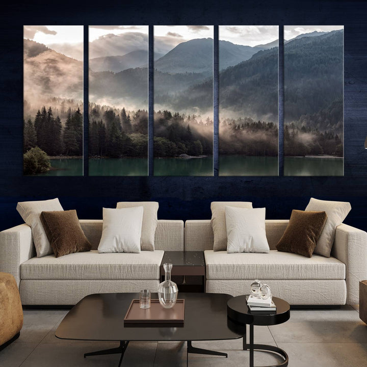 Mountain Lake Forest Canvas Wall Art - Serene Misty Landscape with Mountains and Trees, Perfect for Living Room or Bedroom, Ready to Hang 3 Panel Art