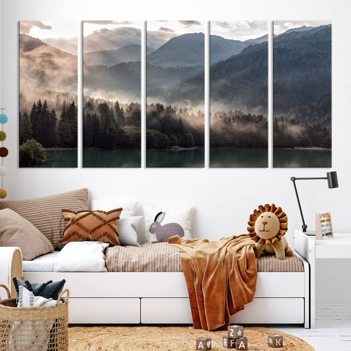 Mountain Lake Forest Canvas Wall Art - Serene Misty Landscape with Mountains and Trees, Perfect for Living Room or Bedroom, Ready to Hang 3 Panel Art