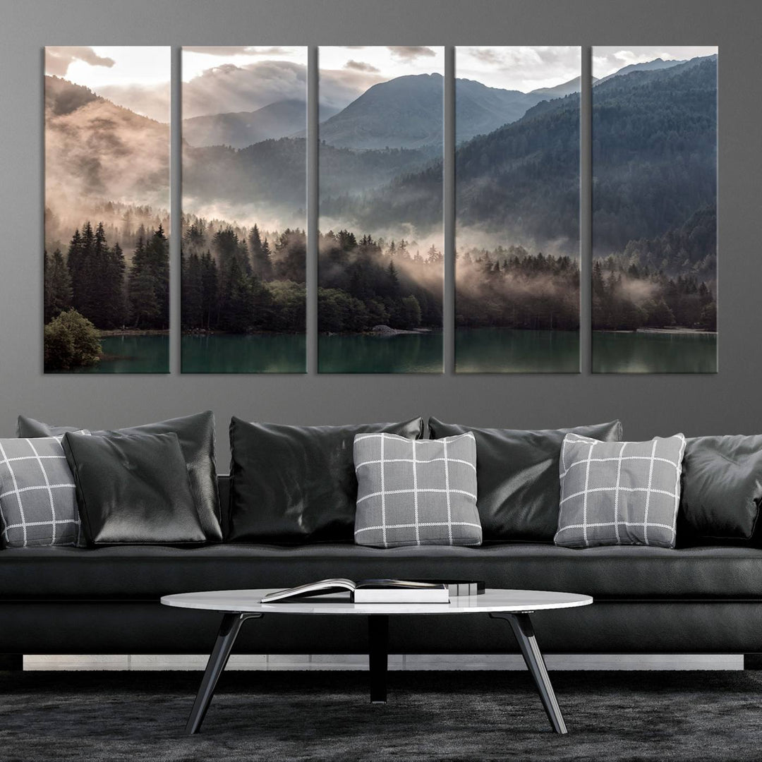 Mountain Lake Forest Canvas Wall Art - Serene Misty Landscape with Mountains and Trees, Perfect for Living Room or Bedroom, Ready to Hang 3 Panel Art