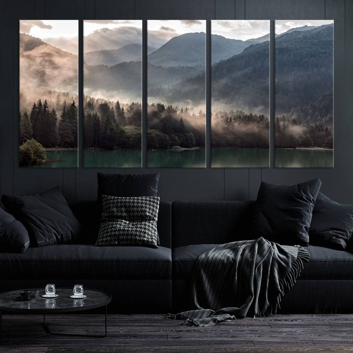 Mountain Lake Forest Canvas Wall Art - Serene Misty Landscape with Mountains and Trees, Perfect for Living Room or Bedroom, Ready to Hang 3 Panel Art