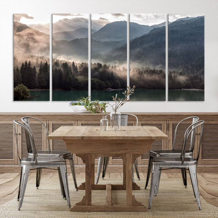 Mountain Lake Forest Canvas Wall Art - Serene Misty Landscape with Mountains and Trees, Perfect for Living Room or Bedroom, Ready to Hang 3 Panel Art