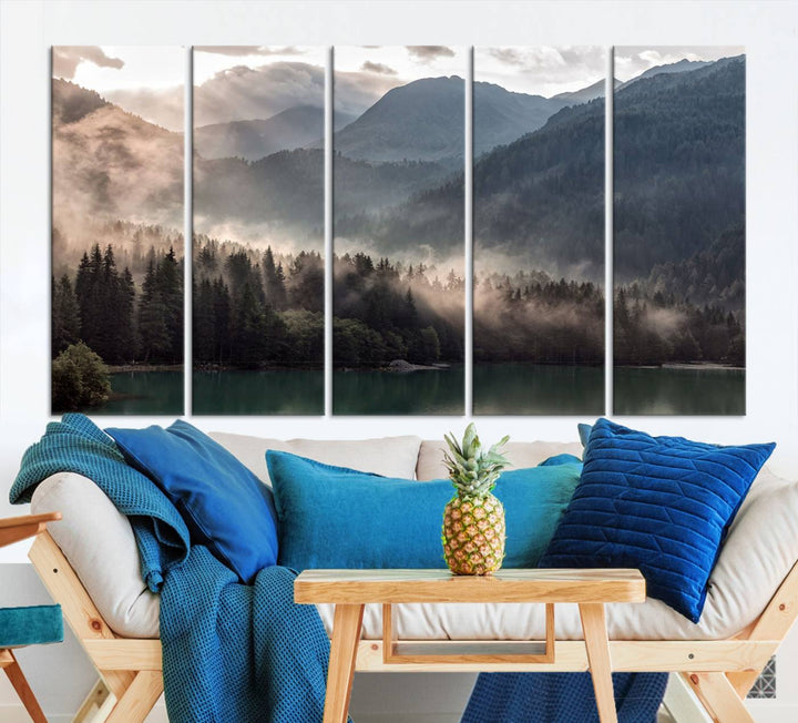 Mountain Lake Forest Canvas Wall Art - Serene Misty Landscape with Mountains and Trees, Perfect for Living Room or Bedroom, Ready to Hang 3 Panel Art