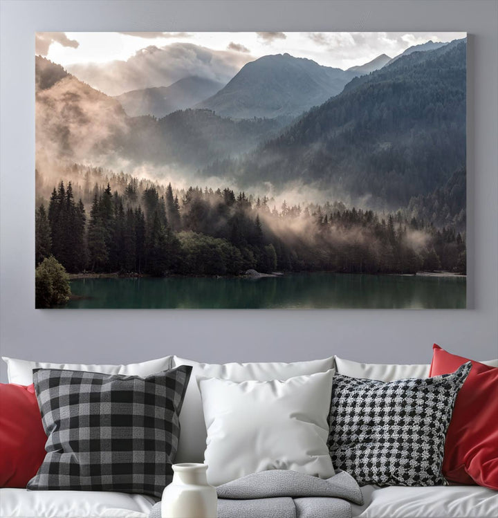 Mountain Lake Forest Canvas Wall Art - Serene Misty Landscape with Mountains and Trees, Perfect for Living Room or Bedroom, Ready to Hang 3 Panel Art