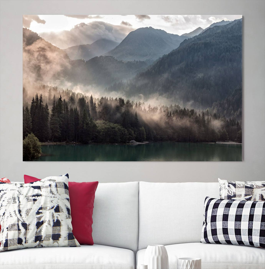 Mountain Lake Forest Canvas Wall Art - Serene Misty Landscape with Mountains and Trees, Perfect for Living Room or Bedroom, Ready to Hang 3 Panel Art