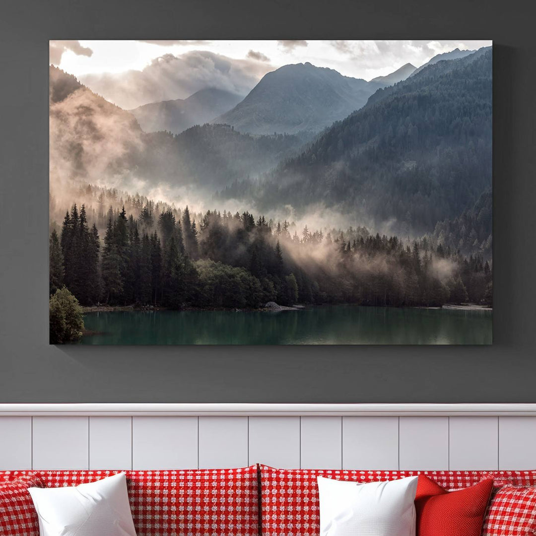 Mountain Lake Forest Canvas Wall Art - Serene Misty Landscape with Mountains and Trees, Perfect for Living Room or Bedroom, Ready to Hang 3 Panel Art