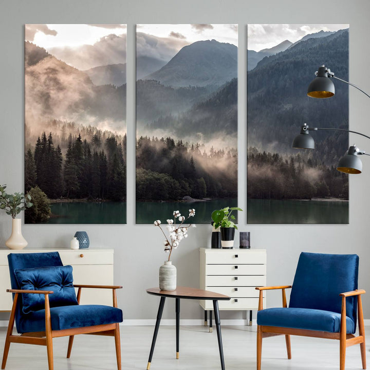 Mountain Lake Forest Canvas Wall Art - Serene Misty Landscape with Mountains and Trees, Perfect for Living Room or Bedroom, Ready to Hang 3 Panel Art