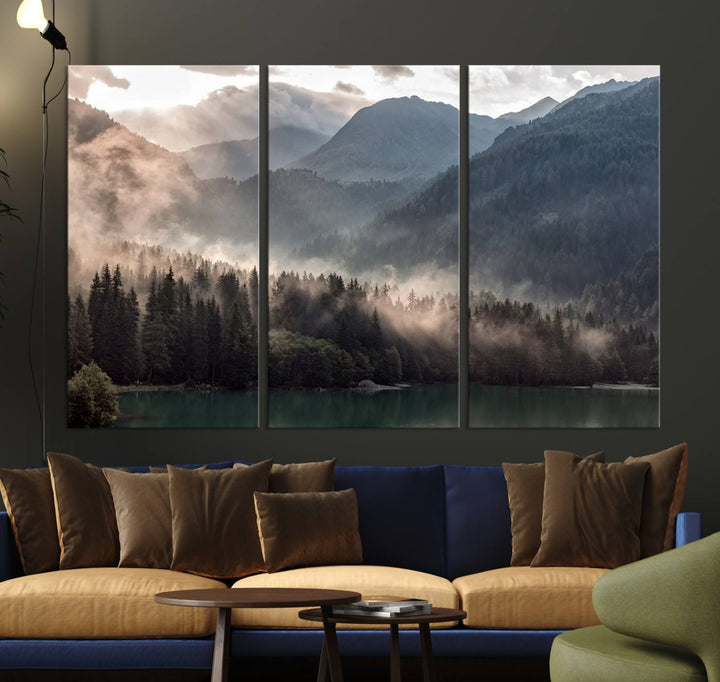 Mountain Lake Forest Canvas Wall Art - Serene Misty Landscape with Mountains and Trees, Perfect for Living Room or Bedroom, Ready to Hang 3 Panel Art