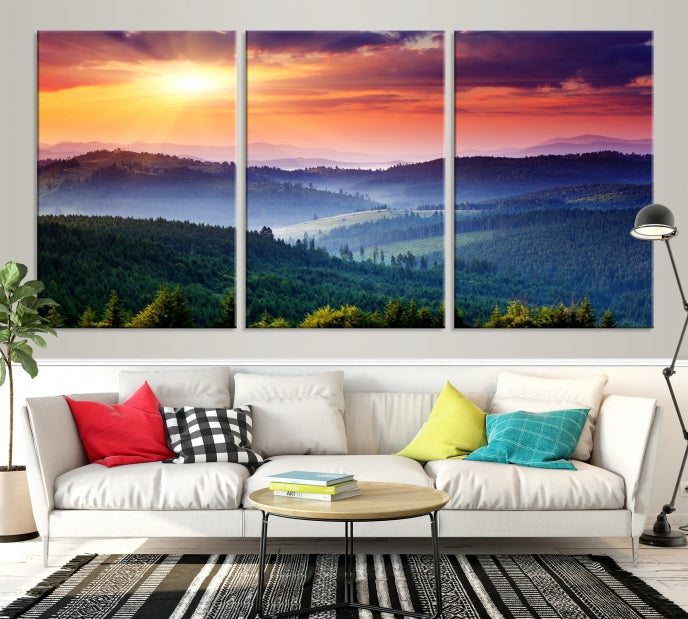 Mountain Landscape and Sunset Framed Canvas Wall Art Giclee Print