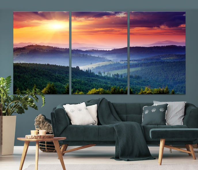 Mountain Landscape and Sunset Framed Canvas Wall Art Giclee Print