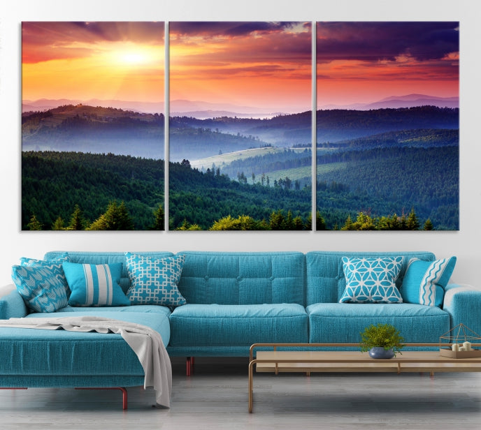 Mountain Landscape and Sunset Framed Canvas Wall Art Giclee Print